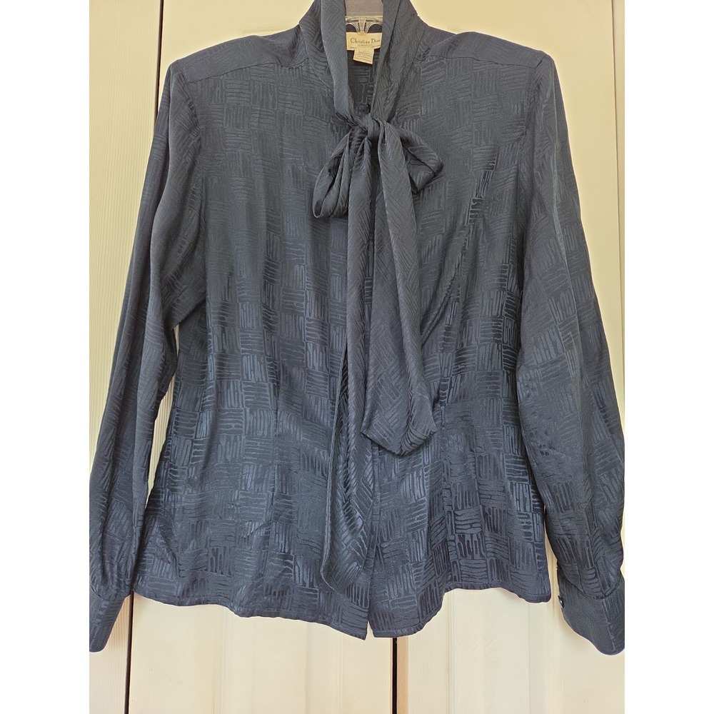 Vintage Christian Dior Silk Blouse big Bow Jacquard Navy Long Sleeve sz 12